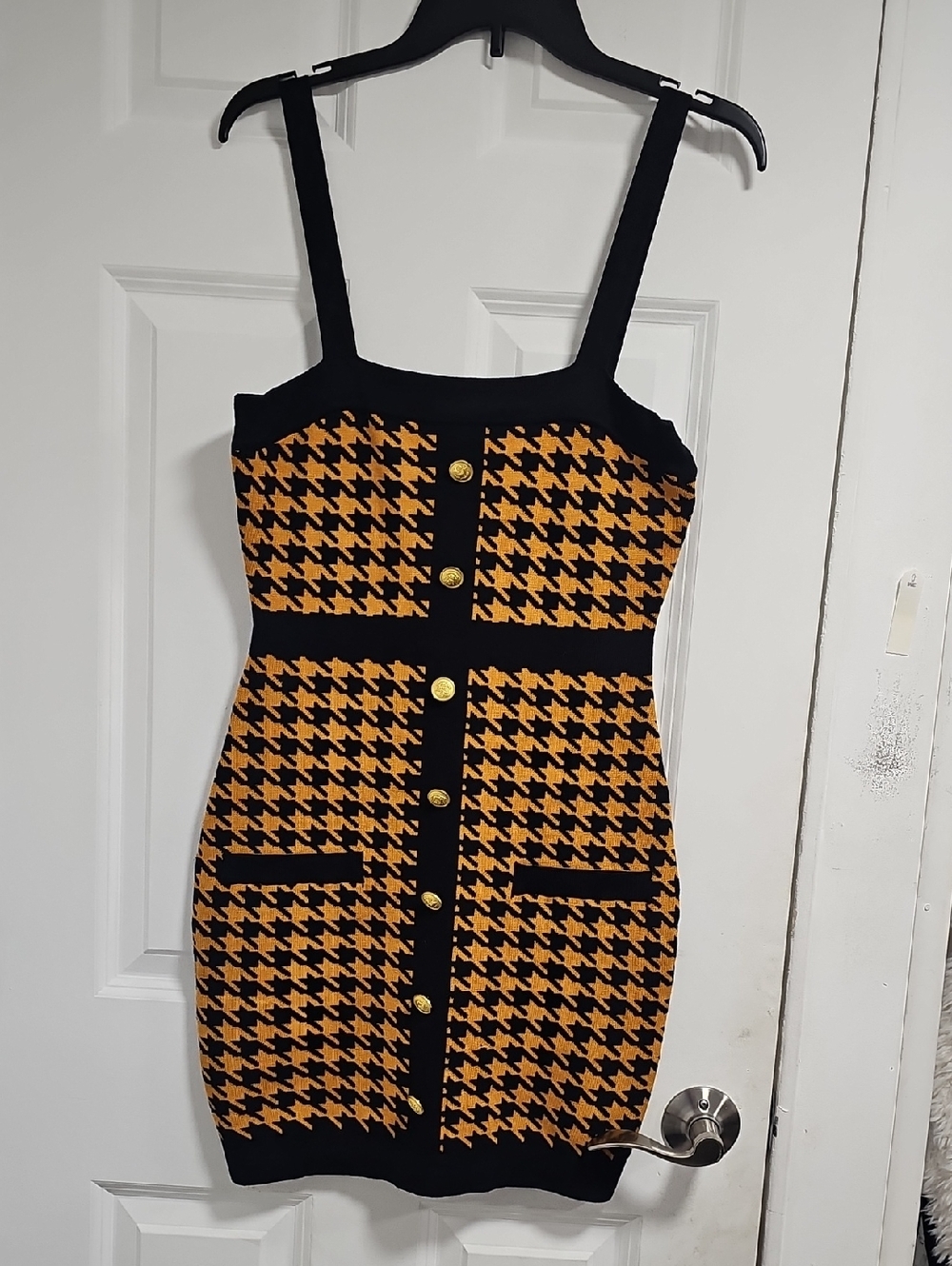 Black and Mustard Houndstooth Knit Mini Dress with Gold Buttons